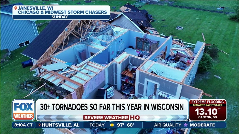 National Weather Service survey teams confirmed EF-2 tornado damage in Janesville, Wisconsin after the twister touched down on Saturday evening. 