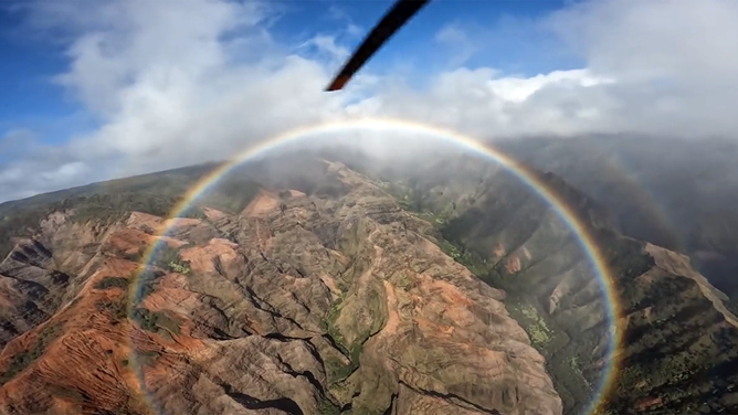 New video From the Hawaii Department of Land and Natural Resources shows a full-circle rainbow that formed over Waimea Canyon earlier this week.