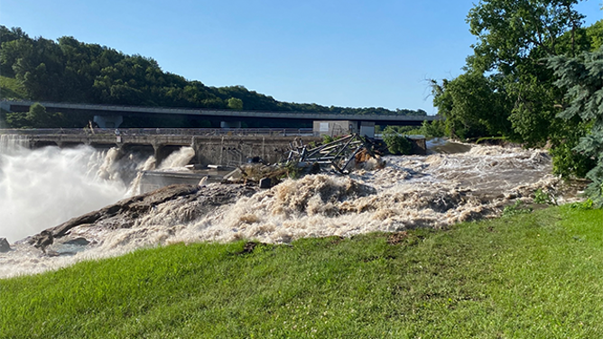 This photo shows the Rapidan Dam in danger of failing after flooding in Minnesota.